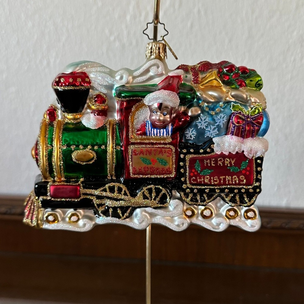 Christopher Radko Choo Choo Cheer Santa Train Glass Christmas Ornament Elf